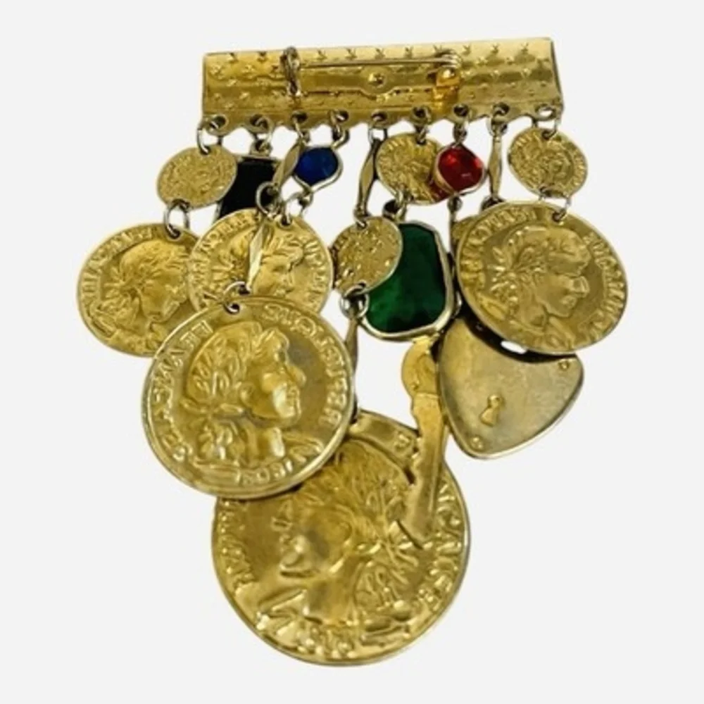 Vintage Gold Tone French Republic Coin Charm Brooch Multi Crystal Statement 3.5